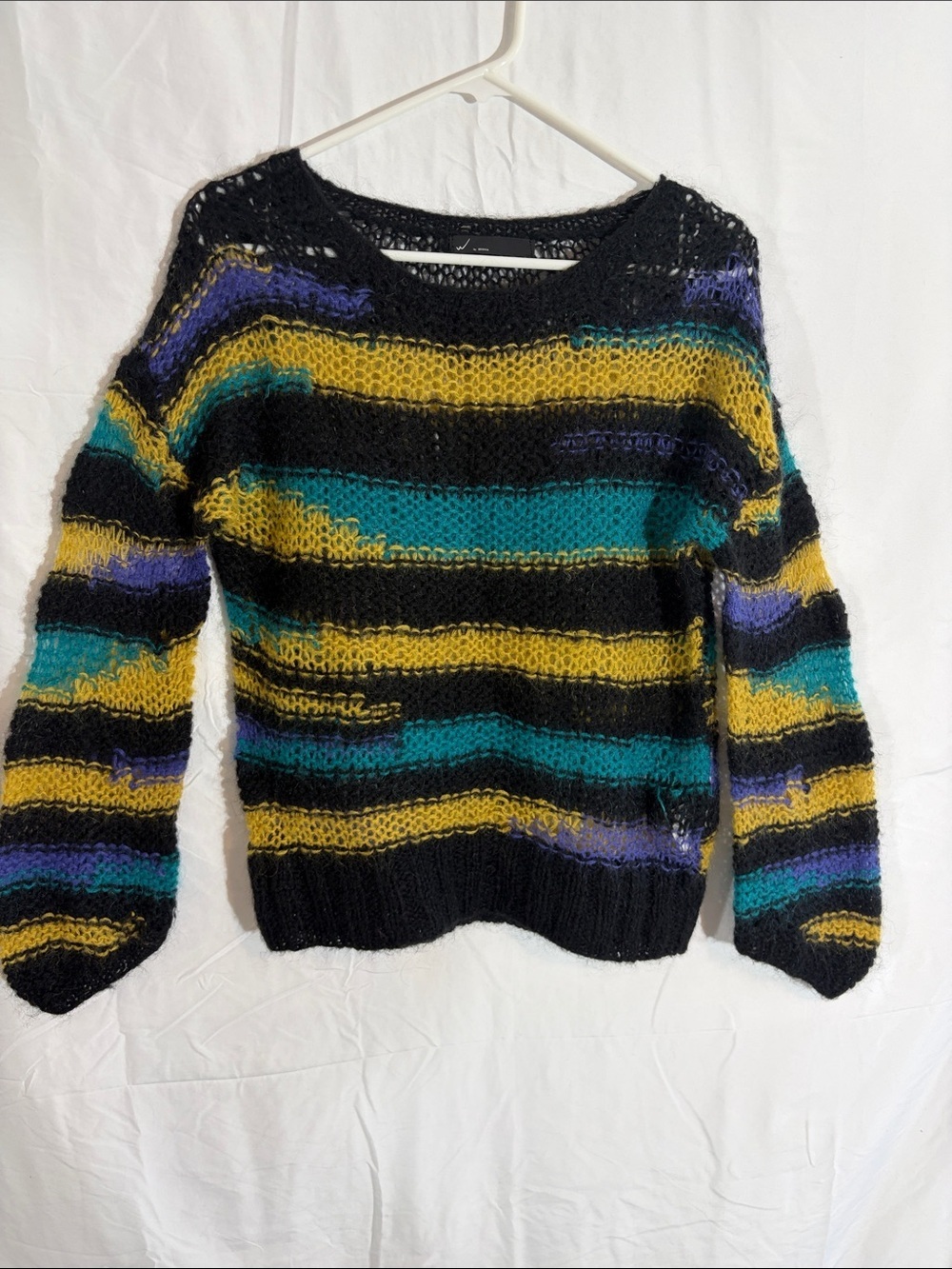 Open-Knit Striped Crewneck Sweater - Black, Teal, Yellow, Purple